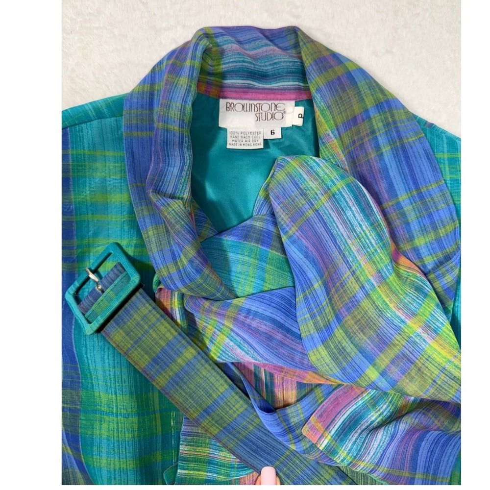 Brownstone Studio Vintage 80s Plaid Bow Midi Dress 6 Teal Blue Green